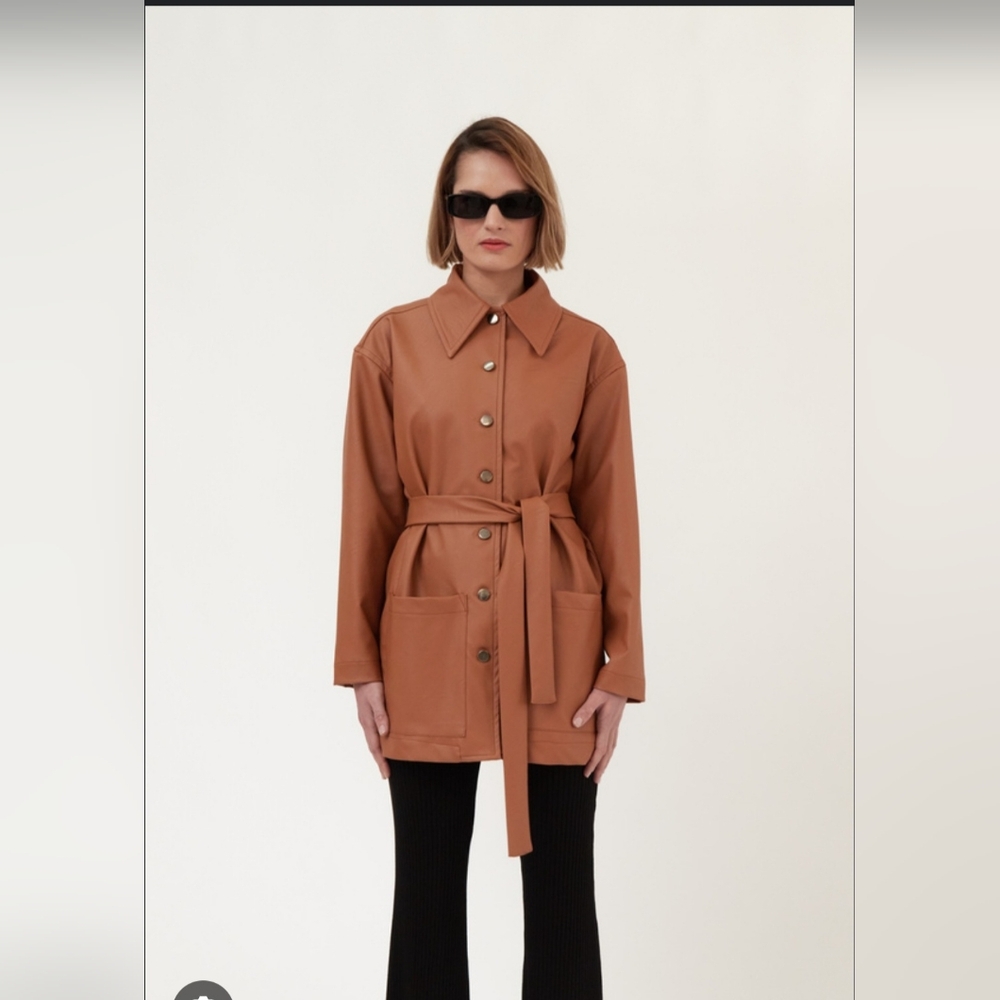 KC COLLECTION WOMEN'S CARAMEL 100% LEATHER JACKET WITH TIE BELT SIZE XL